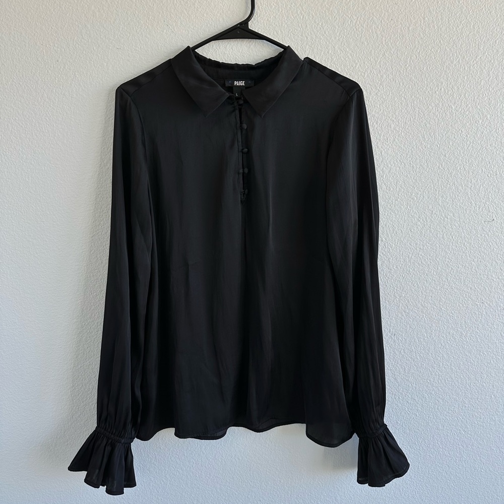 Paige Faux Silk Button Down Blouse - Black - L